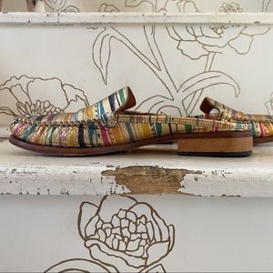 Sesto Meucci Leather Hand-Painted Striped Slide Loafers with Stacked Wooded Heel